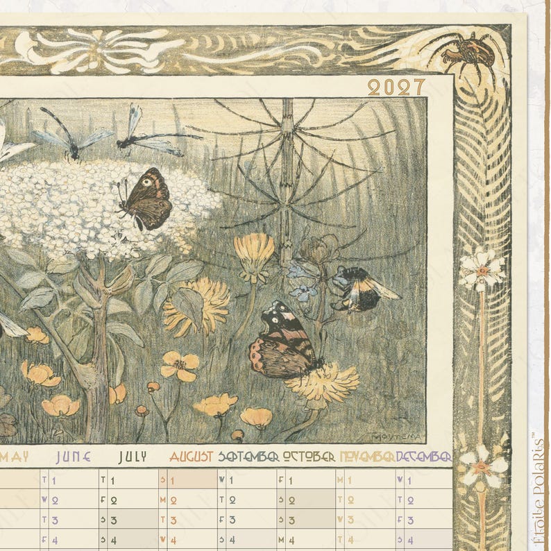 May include: A 2027 wall calendar featuring a detailed botanical illustration of wildflowers, butterflies, dragonflies, and a bumblebee. The artwork is framed by an ornate border with a spider. The calendar grid displays months from May to December.