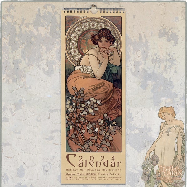 Mucha Kalender 2024, Alphonse Mucha, Jugendstil Illustrationen, 1896 - 1906 / Monatlicher schlanker Wandkalender