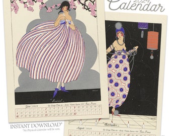 Printable 2024 Calendar- Fashion Illustrations, Women in Colorful Costumes by Martha Romme, 1919- Monthly Calendar Digital Download