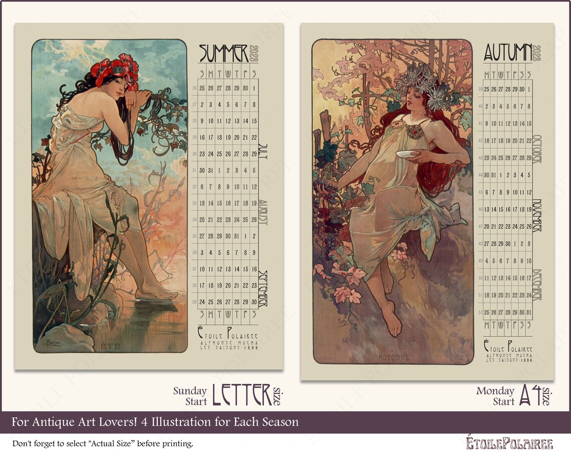 Printable Art Nouveau Calendar 2023 / 4 Seasons Calendar / Etsy