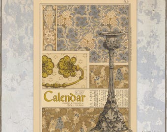 Op de afbeelding: Een wandkalender voor 2027 met een crèmekleurige achtergrond, botanische illustraties en een gedetailleerde tekening van een voetstuk. De tekst bevat Calendar 2027, La Plante et ses Applications Ornamentales en het woord Turnip.