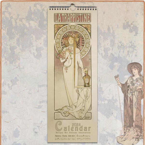 Mucha Kalender 2024 - Jugendstil Frauen Illustrationen, 1896 - 1902, Monatlicher schlanker Wandkalender