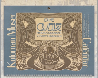 May include: A 2027 wall calendar featuring the Koloman Moser Die Quelle design. The cover displays two stylised figures with long flowing hair in brown on a blue background, with text including Koloman Moser, Die Quelle, and Calendar 2027.