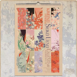 May include: A calendar showcasing kimono patterns by Seiko Ueno. The calendar presents diverse designs with floral and geometric patterns in red, blue, and pink hues. The text "KIMONO PATTERNS BY SEIKO UENO CALENDAR" is printed vertically.
