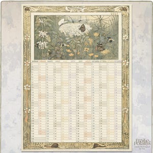 May include: A 2027 wall calendar featuring a botanical illustration of butterflies, dragonflies, and wildflowers at the top. The calendar grid displays all twelve months in columns with a decorative border of floral vines and insects in muted tones.