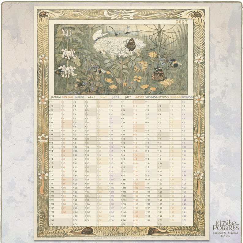 May include: A 2027 wall calendar featuring a botanical illustration of butterflies, dragonflies, and wildflowers at the top. The calendar grid displays all twelve months in columns with a decorative border of floral vines and insects in muted tones.