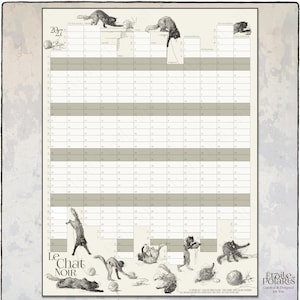 Op de afbeelding: Een wandkalender voor 2027 getiteld Le Chat Noir met een rasterindeling met afwisselend witte en lichtgrijze rijen. Het ontwerp bevat zwart-witillustraties van verschillende katten die met bollen wol spelen en over de kalender klimmen.