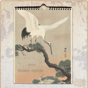 Japanese Birds Calendar 2024 / Monthly Wall Calendar, Antique Woodblock Kachō-e Prints by Ohara Koson