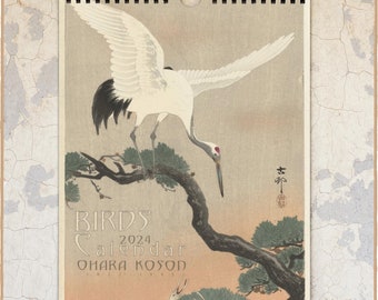 Calendario de pájaros japoneses 2024 / Calendario de pared mensual, grabados antiguos Kachō-e en madera de Ohara Koson