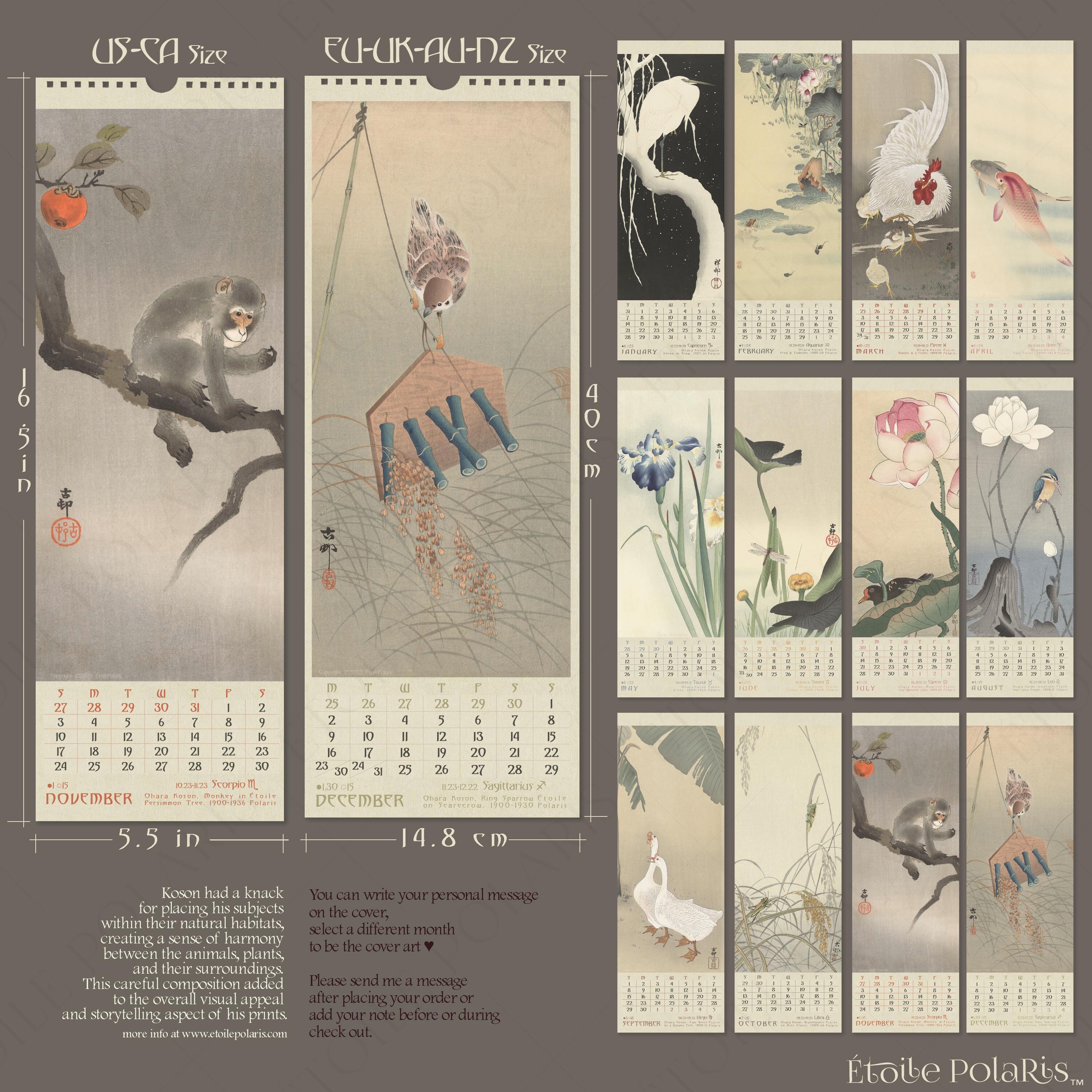 Nature Art Calendar 2024 japanese Shin-hanga Woodblock Prints by Ohara Koson  / Monthly Wall Calendar Slim Size 