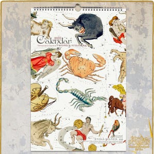 Astrologiekalender 2025 / sterrenbeelden en eigenschappen, hemelse illustraties door Sidney Hall, 1825 / maandelijkse muurplanner