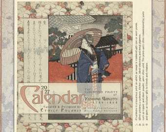 May include: A 2027 wall calendar featuring a traditional Japanese woodblock print of a person holding a patterned umbrella. The design includes floral borders, Japanese calligraphy, and the text: The Surimono Prints of Yashima Gakutei 1786-1868.
