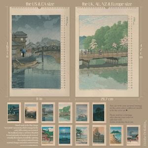 May include: A calendar featuring Japanese woodblock prints with a blue and white color scheme. The calendar is available in two sizes: 16.5 inches by 11 inches and 42 centimeters by 29.7 centimeters. The calendar includes a personal message option and a note section.