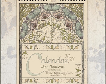 May include: A wall calendar for 2027 featuring Art Nouveau illustrations by Theo Nieuwenhuis from 1898. The top section displays a person surrounded by butterflies and botanical motifs in muted green, brown, and cream tones. The text reads Calendar 2027.