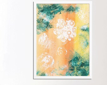 Impresión de arte mural abstracto de pintura de acuarela abstracta original / Decoración de pared moderna con flores blancas, turquesa, naranja y amarillo / Ecléctica