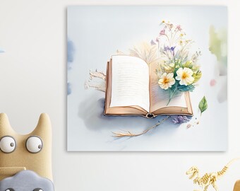 Lámina artística giclée de libro con flores, regalo para amantes de los libros, arte mural en acuarela para dormitorio universitario, libro abierto con páginas en abanico, arte mural floral bohemio 3pcbk1