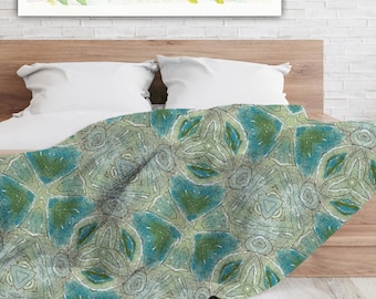 Manta de felpa con estampado abstracto original, acuarela verde y azul, 100% poliéster aterciopelado, decoración acogedora para el hogar, estilo bohemio.