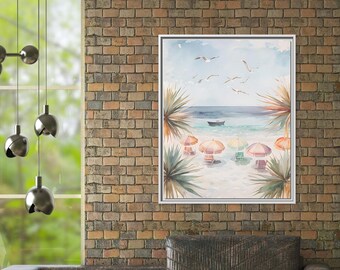 Lienzo decorativo con escena de playa, impresión de balcón con vista al mar, bonito lienzo, sombrillas, gaviotas, palmeras y barco, decoración con marco mate, costero