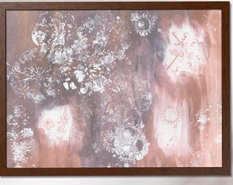 Impresión artística abstracta enmarcada de acuarela original con sellos florales de rueda de llave / Decoración de pared moderna en color tostado y morado / Decoración ecléctica
