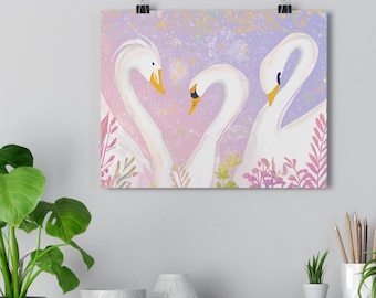 Impresión artística giclée de acuarela "Tres cisnes": un peculiar cielo rosa y morado con tres cisnes blancos en el agua, arte mural para amantes de las aves del paraíso en tonos pastel.