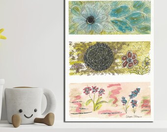 Pintura original de acuarela abstracta de flores y mandalas de 13 x 18 cm, arte floral para pared, decoración botánica para el hogar, arte de mandalas, impresión artística inspirada en la naturaleza.