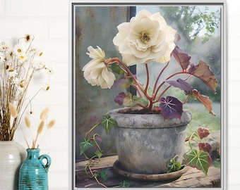 Impresión artística de pared en lienzo de begonia, flor enmarcada sobre fondo rústico, decoración cottagecore, arte botánico bohemio, regalo natural, jardinero f4yu