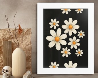 Lámina enmarcada con margaritas estilo cottagecore, arte mural con margaritas para el hogar y la habitación de los niños, decoración retro floral bohemia, impresión ecléctica con marco de madera.
