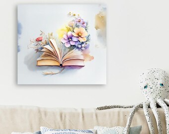 Impresión artística giclée de libro con flores pastel, regalo para amantes de los libros, arte mural de acuarela para dormitorio universitario, impresión de libro abierto, arte mural de flores bohemias 3pcbk1