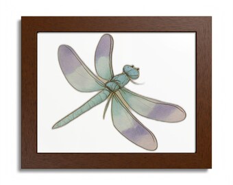 Póster enmarcado de libélula con acuarela, marco de madera, decoración de pared única para amantes de los estanques y la jardinería, mejorado con IA, decoración del hogar.