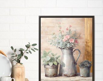 Arte mural enmarcado con cubos galvanizados antiguos, flores y suculentas, arte mural floral sureño moderno, ideas para el jardín de tu casa, f4yu