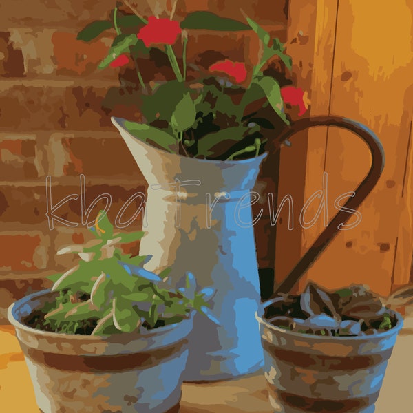 Galvanized Metal Buckets Art, Succulent Art, Lantanas Art, Lantanas Print, Galvanized Bucket Art, Succulent Print, Wandering Jew