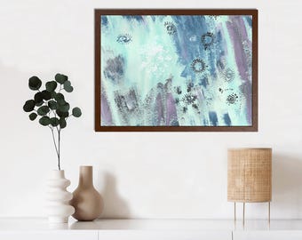 Impresión artística abstracta de acuarela original para pared. Impresión artística en azul y morado con detalles de ojos blancos y negros.