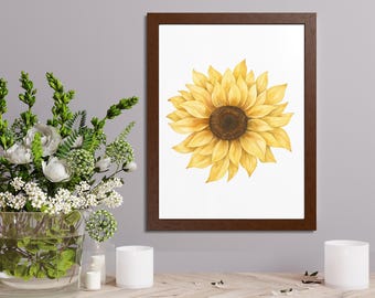 Póster enmarcado, impresión de girasol, arte mural botánico, decoración del hogar, ilustración floral, póster de naturaleza, regalo para amantes de la naturaleza, amarillo