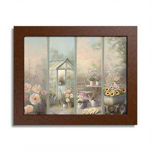 Greenhouse Art Print in Wood Frame, Hobby Gift, Gardner Vintage Collage, Nature Theme, Botanical Flower Wall Art, Vintage Wheelbarrow Floral