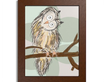 Arte de búho enmarcado en madera, póster de búho enmarcado, arte de pared para amantes de la naturaleza, decoración única para habitación infantil, arte de vida silvestre dibujado a mano, impresión artística de aves para habitación infantil