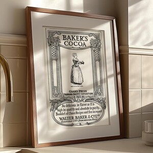 Cartel vintage de cacao Baker, decoración de cocina única, impresión artística de 40,6 x 61 cm