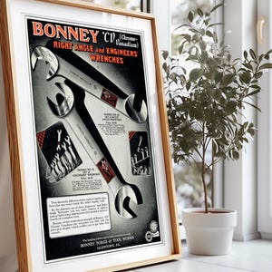 Cartel publicitario vintage de llaves Bonney de la década de 1920, decoración de herramientas antiguas, arte mural art déco, impresión artística de 61 x 91 cm, decoración de taller, regalo para mecánicos.