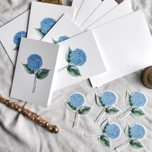 Thinking Of You Cards - Matching Vinyl Stickers - Hydrangea Cards - Flower Cards - Botanical Stationery - Hydrangea Artwork