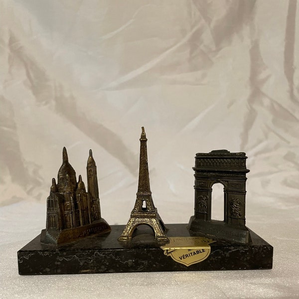 Vintage Eiffel Tower, Arc de Triomphe, Le Sacre-Coeur Metal and Marble Souvenier Paris, France