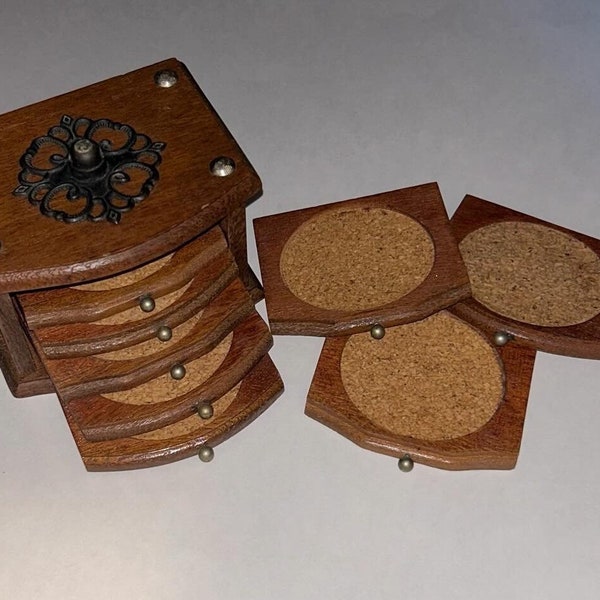 Vintage Wood and Cork MCM Style Stacking Drawer Coasters