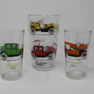 Vintage Hazel Atlas Automobile Drinking Glasses and Cocktail Shaker - Ford Chevrolet Maxwell Studebaker - Set of 3