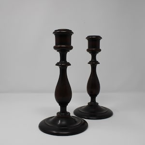 Vintage Turned Wood Candlestick Holders - 9&quot; Tall - Set of 2
