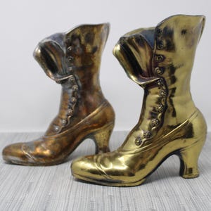 Vintage Cast Metal Brass Color Victorian Boot Planter - Sculptural Vase Victorian Shoe - Brass Decor