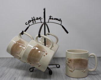 Vintage Otagiri Japan Pig Mugs with Metal Coffee Tree - Embossed Farmhouse Set