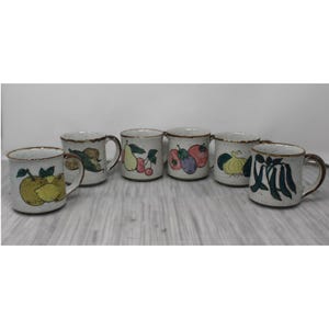 Vintage Otagiri Speckled Stonewear Mug Set of 6 with Fruit and Vegetables - Cottagecore Farm House Kitschy Kitchen