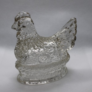 J H Millstein Company Glass Figural Candy Container - Chicken on Nest - 1940s Easter Candy Container