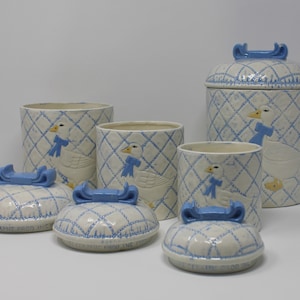 Set of 4 1985 Sittre Ceramic Products Quilted White Goose Ceramic Canister Set with Lids - White Goose Country Kitchen Decor - Goose Decor
