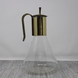 Vintage Corning Brand Heat Proof Glass and Brass Carafe - Corning Coffee Carafe - MCM Corning Glass and Brass Carafe with Lid
