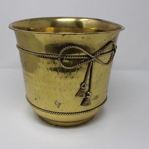 Vintage Hammered Brass Braided Bow Mid Century Modern Hollywood Regency Planter - Brass Trash Can with Bow Detail