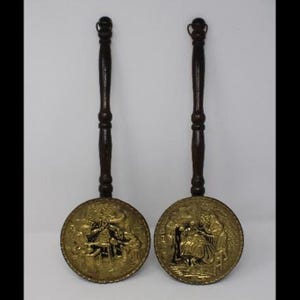 Vintage Set Hammered Brass Match Holders - Made in England w/ Embossed Scene - Hanging Wood Wall Pockets 19&quot; Tall - Bed Warmer Wall Hanging